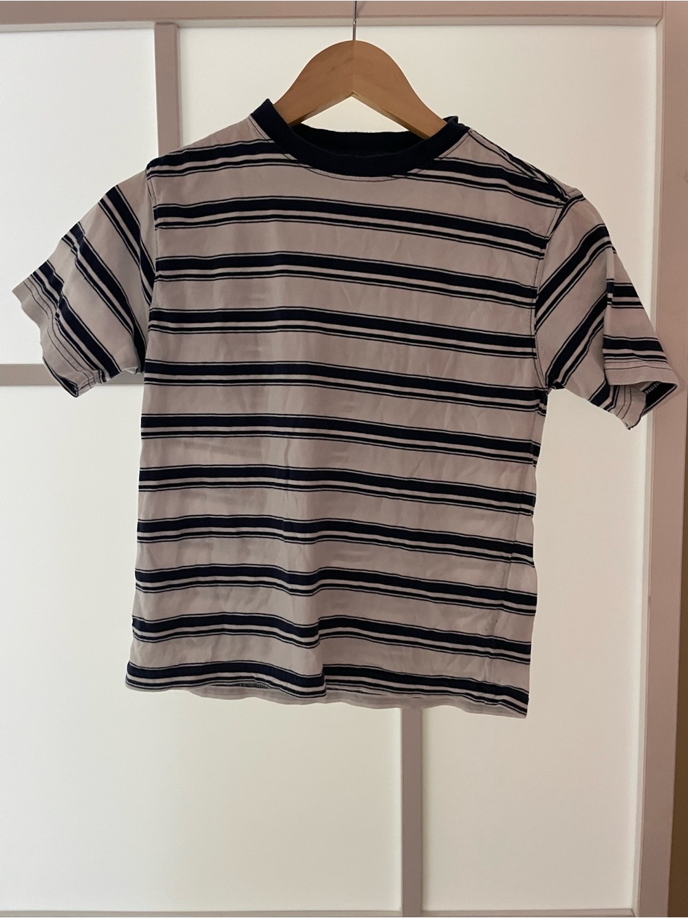 Organic cotton 100% White Tee with Navy Stripe Crew Neck